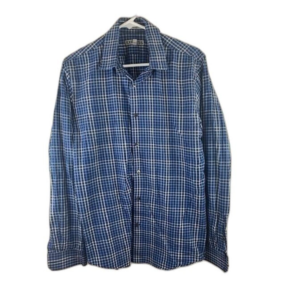 Express Size M 15/15.5 Mens fitted Shirt Blue Plaid Long Sleeve Button Up